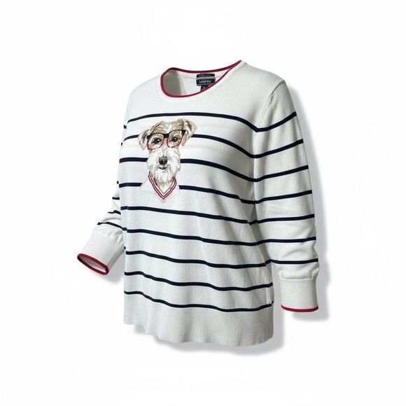 Lands End Dog Picture Sweater Women Small 100% Supima Cotton Blue 3/4 Sleeve - Picture 1 of 7